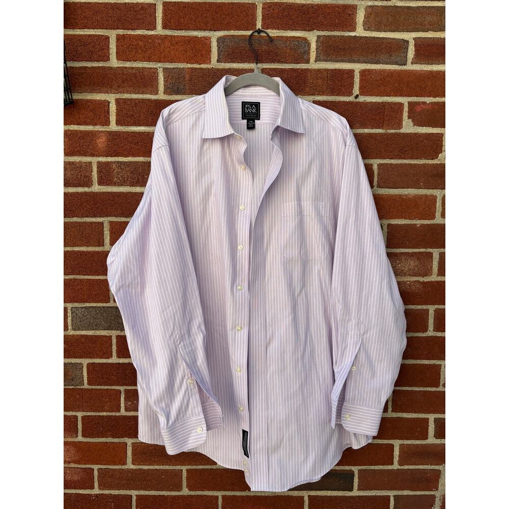 Jos A Bank Traveler Dress Shirt 17 34 Purple White Stripe 100% Cotton Mens - Picture 2 of 12